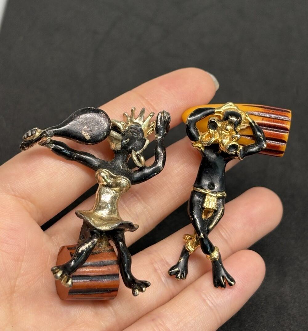 Rare Charles F Worth Blackamoor Native Woman Brooch -Bakelite Conga Drum dancer